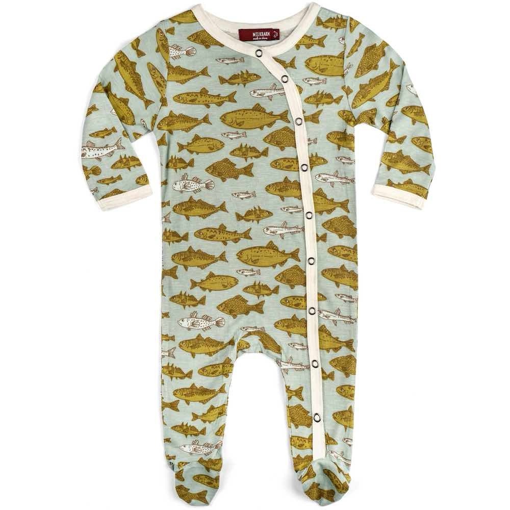 Milkbarn Kids Snap Footed Pajama Romper Blue Fish